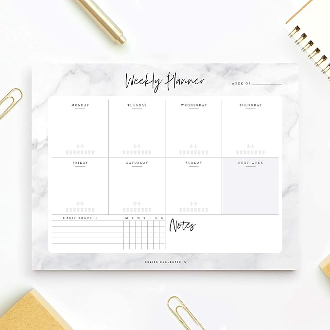 Bliss Collections Weekly Planning Pad, To Do List Notebook - Undated Tear-Off Sheets Notepad - Work Calendar, Organizer, Scheduler for Goals, Tasks - Marble, 8.5" x 11", 50 Sheets