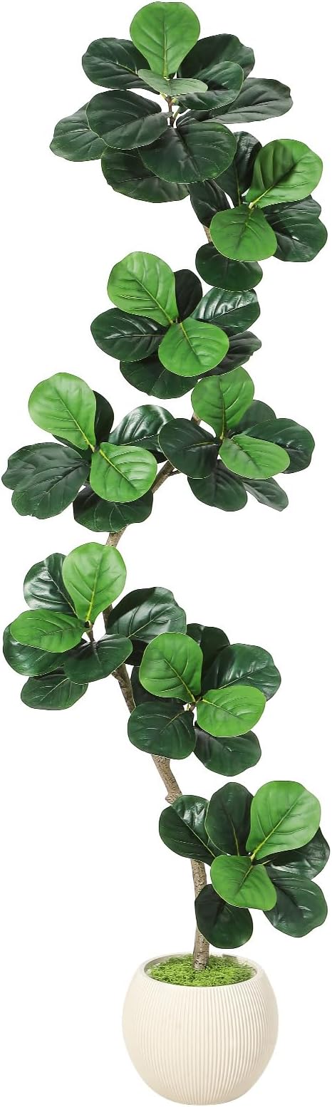 GarveeHome Fiddle Leaf Fig Artificial Tree with White Planter,7ft Faux Plants Indoor with Moss, Fake Rubber Tall Fake Floor Plant in Pot - Artificial Trees for Home Office Living Room Decor