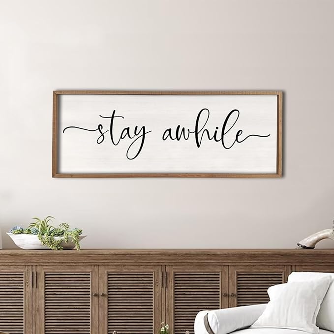 Stay Awhile Sign Wall Decor 40"X15" Large Solid Wood Frame For Hallway Living Room Entryway Farmhouse Wall Art Lets Stay Family Home Rustic Hanging Decoration (Wood)