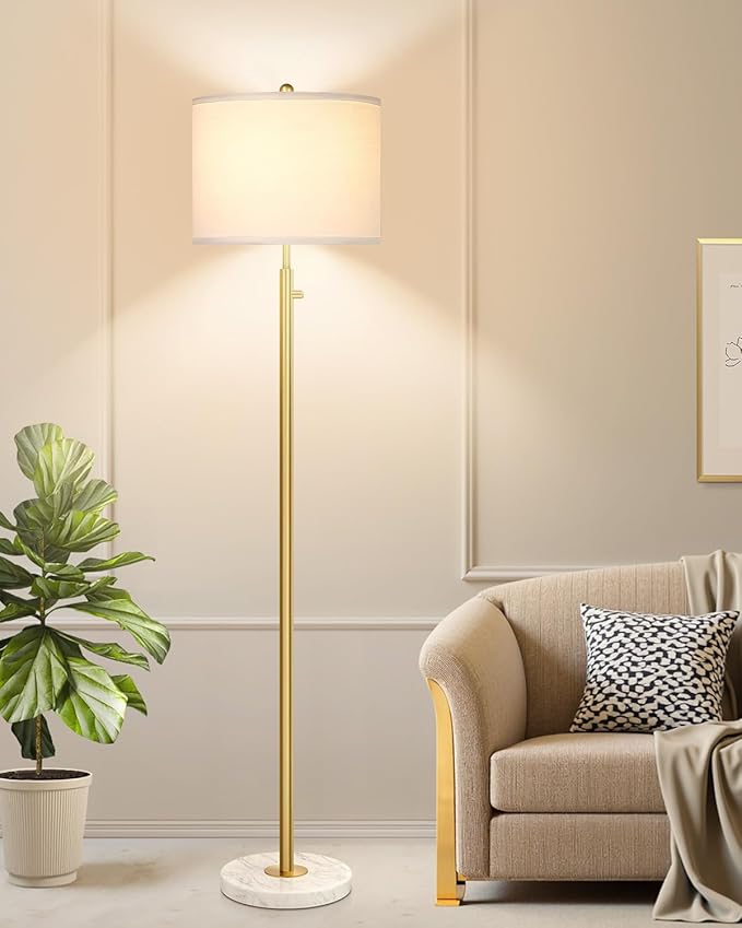 【Upgraded】Dimmable Gold Floor Lamps for Living Room, 11W LED Bulb Included, Modern Standing Lamp with Marble Base, Tall Pole Light with White Linen Shade for Bedroom Reading Office Corner Nursery