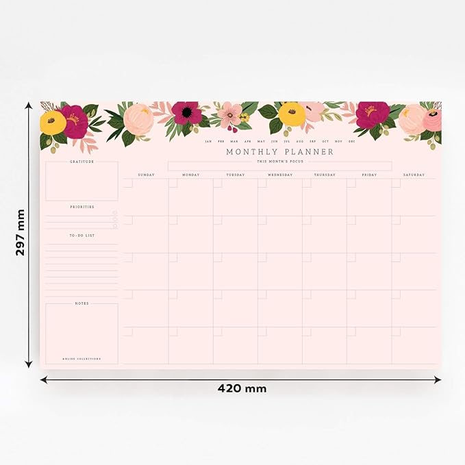 Bliss Collections Monthly Planning Pad, To Do List Notebook - Undated Tear-Off Sheets Notepad - Work Calendar, Organizer, Scheduler for Goals, Tasks - Floral (Pink), 12" x 18", 18 Sheets