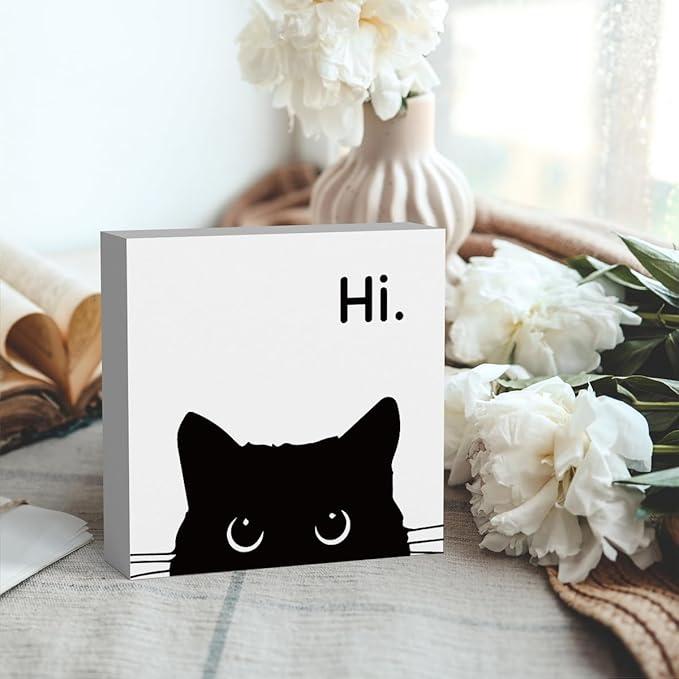 Black Cat Desk Decor, Office Decorations for Work, Cat Lover Gifts for Women, Cat Gifts for Girls, Cat Lover Gifts, Wooden Box Decor Sign for Home Farmhouse Living Room Bedroom Bathroom Classroom Gym