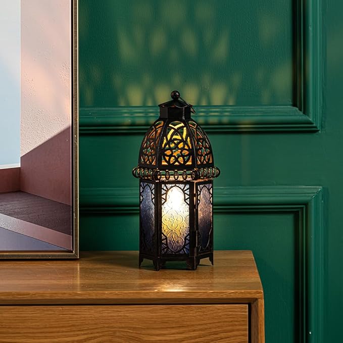 NEEDOMO Hanging Moroccan Lantern, 12.8'' Vintage Candle Holder, Metal Lanterns Decorative Indoor Outdoor, Table, Patio, Porch, Shelf, Gothic Home Decor (Blue, Large Size)