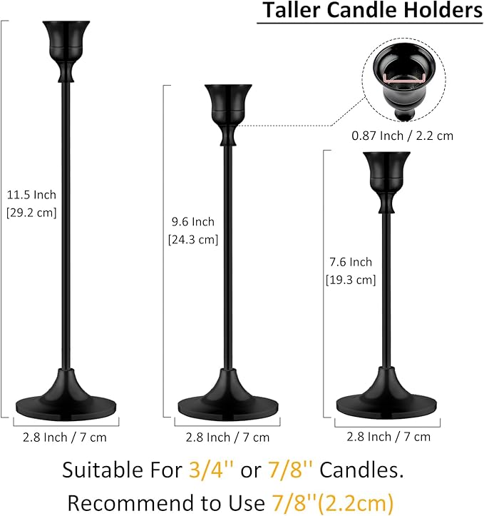 Metal Candle Holders for Candlesticks Taper Candlestick Holders Set Vintage Decorative Centerpiece Candelabra Tall Candle Stands for Halloween Thanksgiving Christmas (Matt Black, 4 Sets (12 pcs))