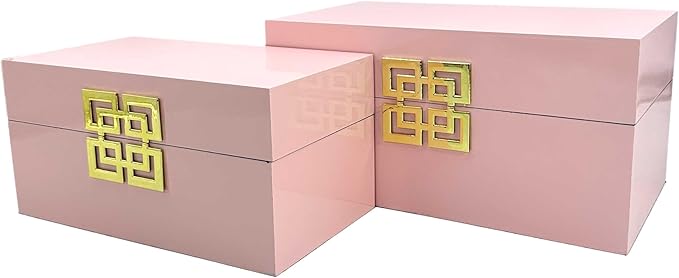 Galt International Storage Box Set Decorative Storage Box w/Hinged Lid Classic Design Wood Decor Boxes with Geometric Clasp Storage for Bedroom & Home - Set of 2 (Pink & Gold)