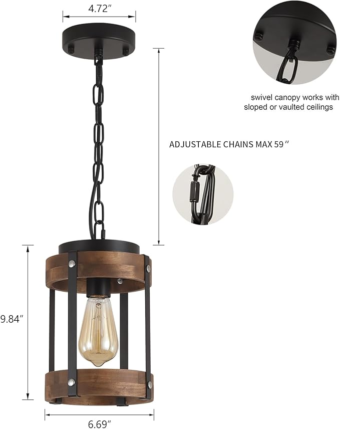 Rustic Farmhouse Wood Pendant Light Fixture One-Light Adjustable Chain Oak Wood and Metal Lantern Drum Small Pendant Lighting for Kitchen Island Sink Hallway Farmhouse Bathroom Bar, Black