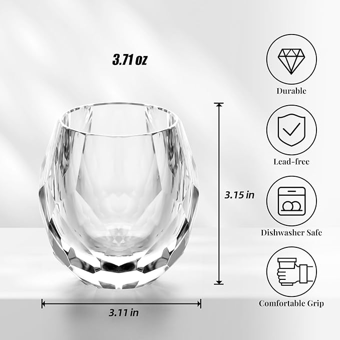 KAMMAK Crystal Whiskey Glasses Set of 2, Handcrafted Old Fashioned Glasses Stemless, 3.71oz Hand Blown White Cocktail Glasses, Engagement Gifts for Couples, Women, Men