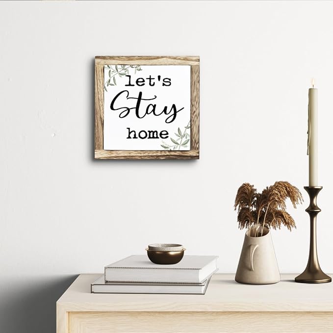 Rustic Wooden “Let’s Stay Home” Sign – Wooden Plaques Sign Table Decor, Shelf or Desk Decor, Farmhouse Living Room and Family Room Decoration, Cozy Home Accent and Housewarming Gift