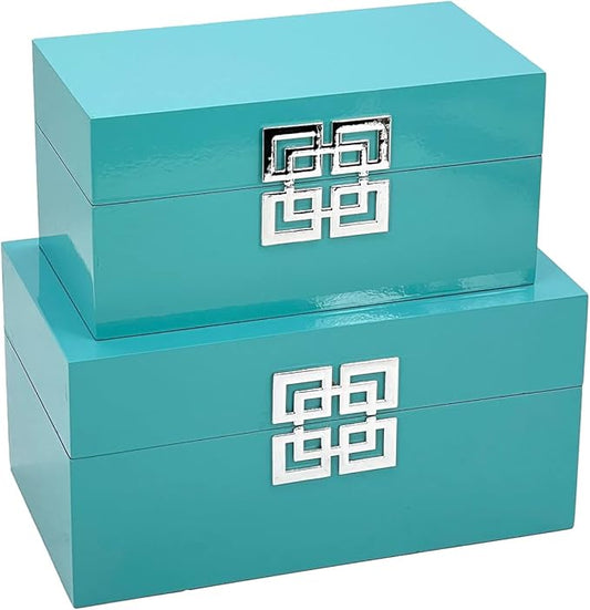 Galt International Large & Small Decorative Storage Box w/Hinged Lid - Classic Design Wood Decor Boxes with Geometric Opening Clasp - Storage for Bedroom and Home - Set of 2 (Blue)
