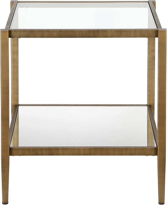 Henn&Hart 20" Wide Square Side Table with Mirror Shelf in Brass, Table for Living Room, Bedroom