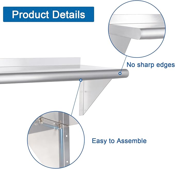 HARDURA Stainless Steel Shelf 18" x 60", 450lb Commercial Shelves Wall Mount Metal Shelving with Backsplash and Brackets for Kitchen, Restaurant, Laundry Room and Home