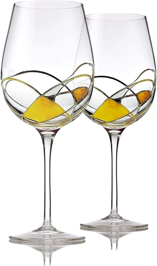 Bezrat Wine Glasses Hand Painted - Set of 2 - Women Wine Gift - Wine Lover Glass - Beautiful Glassware Gifts Ideas for Women Inspired by 'Duomo di Milano' Mothers Day - 12 oz (Gold)