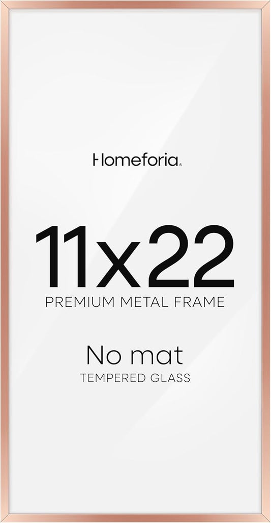 Homeforia 11x22 Newspaper Frame Rose Gold, High End Metal 11 x 22 Picture Frame without Mat, 22x11 Thin Rose Gold Poster Frames for Wall, 11by22 Display Photo Frame, Tempered Glass, Wall Kit, Set of 1