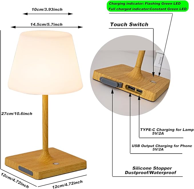 Cordless Table lamp, Outdoor Battery Operated Rechargeable Desk lamp,Waterproof Shower Lamp,4000mAh LED 3 Colors Dimmable Touch Lamps for Camping Patio Courtyard Bedroom-Wood