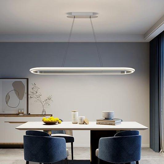 Island Lights, Linear Pendant Light LED Dimmable Hanging Light Fixture, 3000K-6000K with Remote Control,Chandeliers for Dining Room‎(Silver,43.3IN)