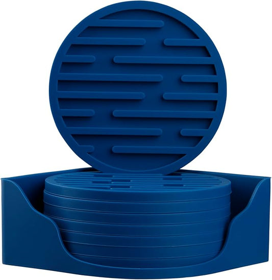 Coasters for Drinks & Coffee Table, Cute Silicone Cup Coasters with Holder, Drink Coaster Set of 8, Soft Cool Bar Coaster Dia 4 Inch, Beer Funny Mat for Tabletop, Desk and Outdoor Blue