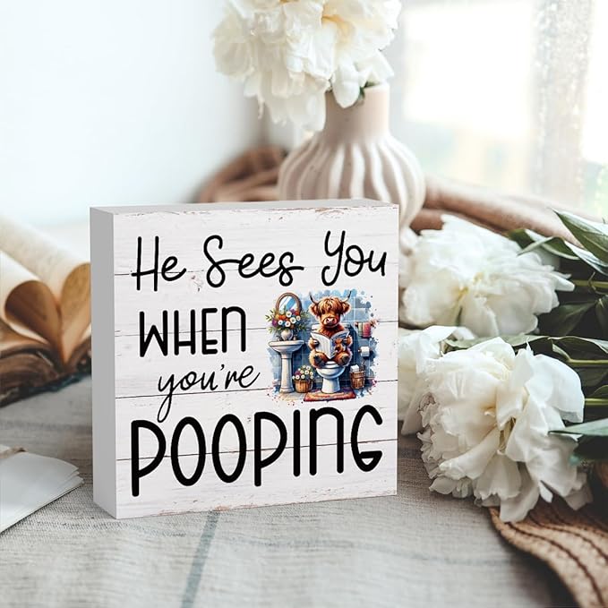 Funny Highland Cow Decor Memorial Day Fourth of July Independence Day Decorations Red White and Blue Decor, Rustic Farmhouse Home Office Wooden Box Sign for Bathroom - He Sees You When You're Pooping