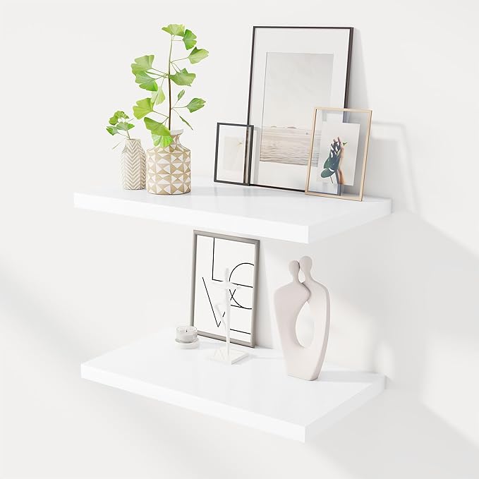 24" Floating Shelves for Wall, 12" Deep Slim White Floating Shelves, Wall-Mounted Shelves for Bedroom, Living Room, Kitchen, Bathroom - Set of 2