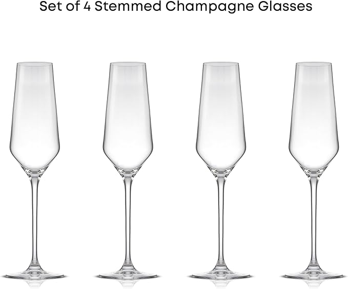 JoyJolt Champagne Glasses Layla Collection, Set of 4 – 6.7 oz Elegant Crystal Stemmed Champagne Flutes for Prosecco, Sparkling Wine, Mimosas, Cocktails, Weddings, Anniversaries, Parties