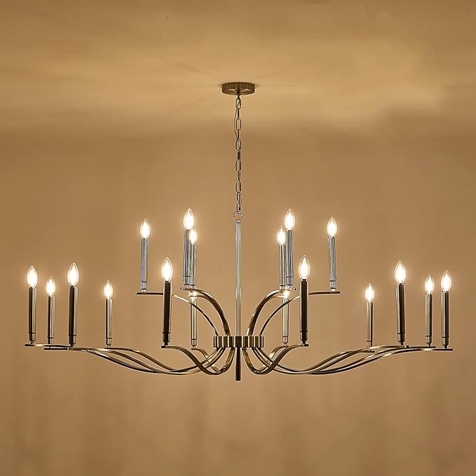 18 Light Nickel Living Room Chandelier High Ceiling Foyer Candle Chandelier Large Modern 59in Metal Chandeliers Hanging Light for Master Bedroom Dining Room Light Fixture Over Table