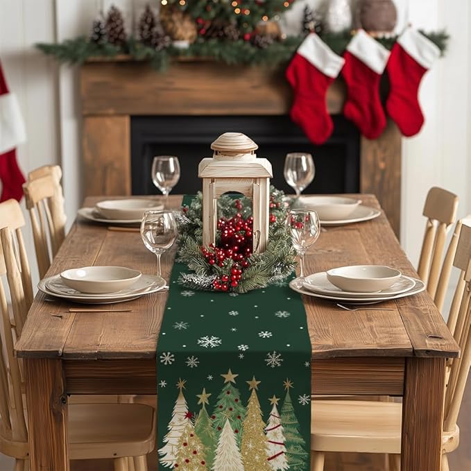 GEEORY Christmas Table Runner 13x36 Inch, Xmas Trees Snowflakes Holiday Decorative Farmhouse Table Decoration for Kitchen Dinning, Indoor Outdoor Dinner Party Decor (Green) GT152-36