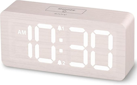 uscce Wooden Digital Alarm Clocks for Bedrooms: Dimmable Dual Alarm Clock with Large Numbers for Bedside Desk - Loud Alarm for Heavy Sleepers with Volume Control - Wood Decor & Gifts