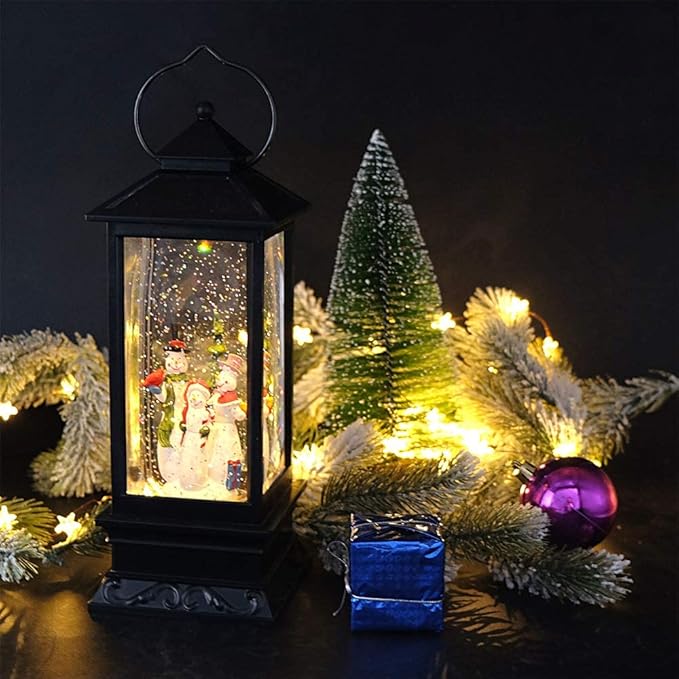 Eldnacele Singing Battery Operated Musical Lighted Christmas Snowman Water Glittering Swirling Snow Globe Lantern with Music Christmas Home Decoration and Gift, Snowman Family