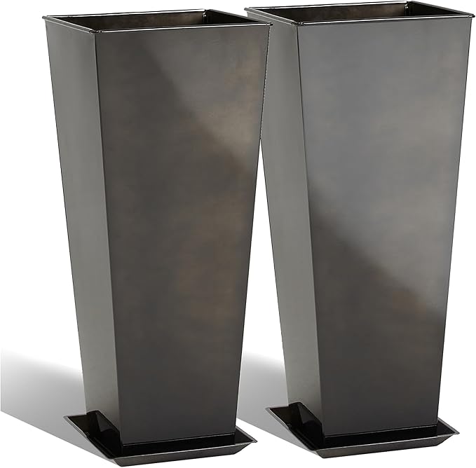 KOL 25''H. Bright Glazed Planter with Drainage Hole, Set of 2, Tall Galvanized Steel Planter Pots with Saucer for Indoor & Outdoor Use, Decorative Flower Plant Pots for Porch, Patio, Deck - Black