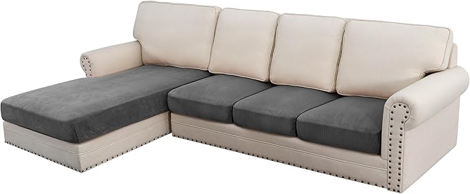 H.VERSAILTEX Velvet Stretch Sectional Couch Covers 4 Pieces Sofa Seat Cushion Covers L Shape Separate Cushion for Both Left/Right Couch (Large Sofa 3 Seater + 1 Chaise, Grey Striped)