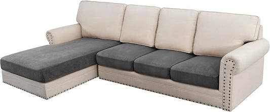 H.VERSAILTEX Velvet Stretch Sectional Couch Covers 4 Pieces Sofa Seat Cushion Covers L Shape Separate Cushion for Both Left/Right Couch (Large Sofa 3 Seater + 1 Chaise, Grey Striped)