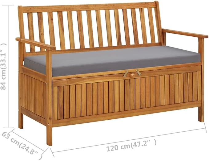 vidaXL Patio Storage Bench 47.2", Solid Acacia Wood, Dark Gray Cushion, Ample Storage Compartment, Rustic Style, Home and Garden Furniture