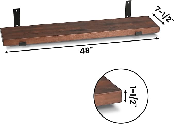 CONSDAN Floating Shelf for Wall Mounted Book Shelf Hanging Shelves Floating Bookshelf for Bedroom, Bathroom, Living Room, Kitchen USA Grown Solid Hardwood, Dark Maple 48x7.5x1.5 in