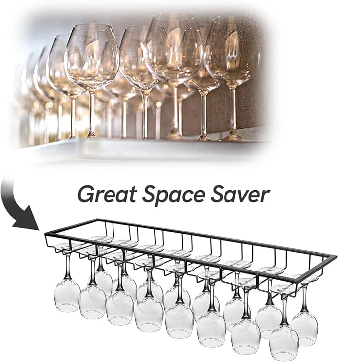 Xverycan Wine Glass Rack Under Cabinet, 8 Row Extreme Large Stemware Hanger, Metal Wine Goblet Holder, DIY Bar Glass Storage Rack for Bar Counter, Kitchen, Screws Included (Black)