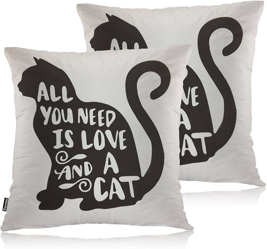 Swono Couch Pillow Cover Set of 2 Black Cat, All You Need is Love and A Cat Quote Decorative Throw Pillowcase Cushion Cover 18 X 18 Inch Throw Pillows Covers for Sofa Bedroom Car Living Room
