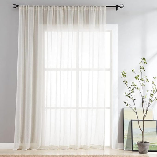 FMFUNCTEX Linen Sheer Sliding Door Curtains for Bedroom, Beige Curtains 96 Inches Long Window Curtain Drapes for Living Room, Natural Patio Glass Door Extra 100 Wide Curtain, Rod Pocket 1 Panel