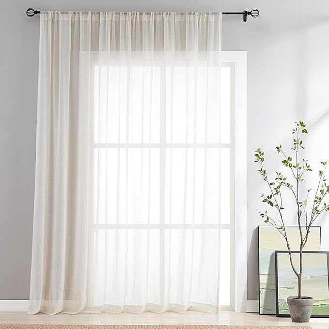 FMFUNCTEX Linen Sheer Sliding Door Curtains for Bedroom, Beige Curtains 84 Inches Long Window Curtain Drapes for Living Room, Natural Patio Glass Door Extra 100 Wide Curtain, Rod Pocket 1 Panel