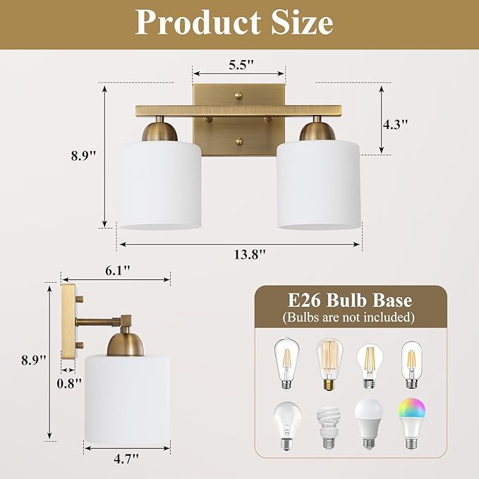 Stainless Steel Milk Glass Vanity Lights for Bathroom, 2 Light Brass Bathroom Light Fixtures Over Mirror, Ceramic E26 Sockets Wall Mounted