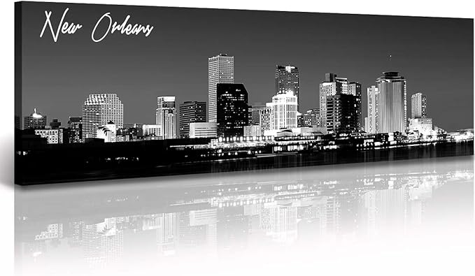 DJSYLIFE New Orlean Canvas Wall Art Decor City Skyline Pictures Poster Artwork Black and White Panorama Cityscape Painting for Bedroom Office Living Room Decoration Ready to Hang 13.8"X47.3"