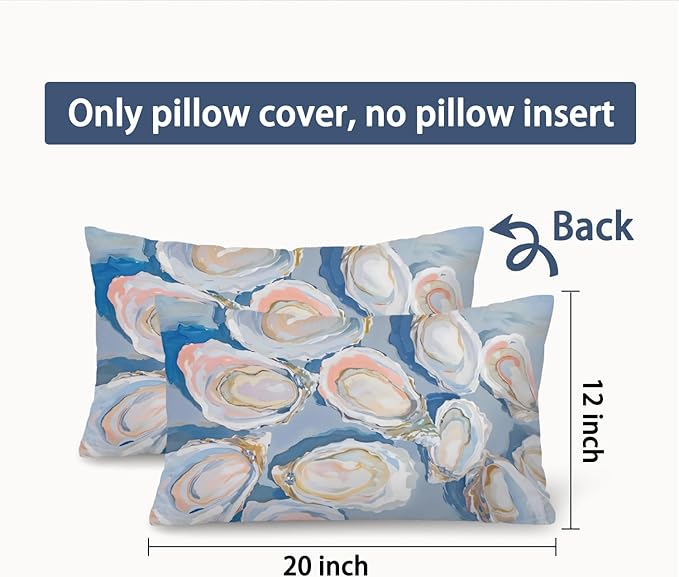 Coastal Beach Room Decor 12x20 Pillow Cover, Coastal Beach Blue Oysters Shell Decorative Lumbar Pillow Covers for Bedroom Living Room Home Dorm Sofa Couch