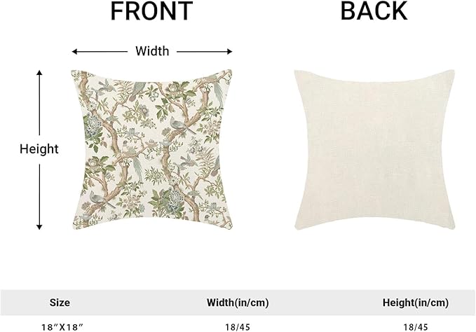 CXMEIFLY Chinoiserie Spring Pillow Covers 18 x 18 Inch Set of 2 for Sage Green Blue Vintage Flowers Bird Decor Throw Pillows Plant Farmhouse Outdoor Decorative Cushion Cases for Couch Bed Decorations
