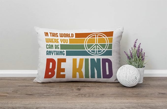 Be Kind Lumbar Throw Pillow Cover 12x20 Inch Decorative Bedroom Living Room Rainbow and Peace Sign Rectanglar Cushion Case for Bed Sofa Couch