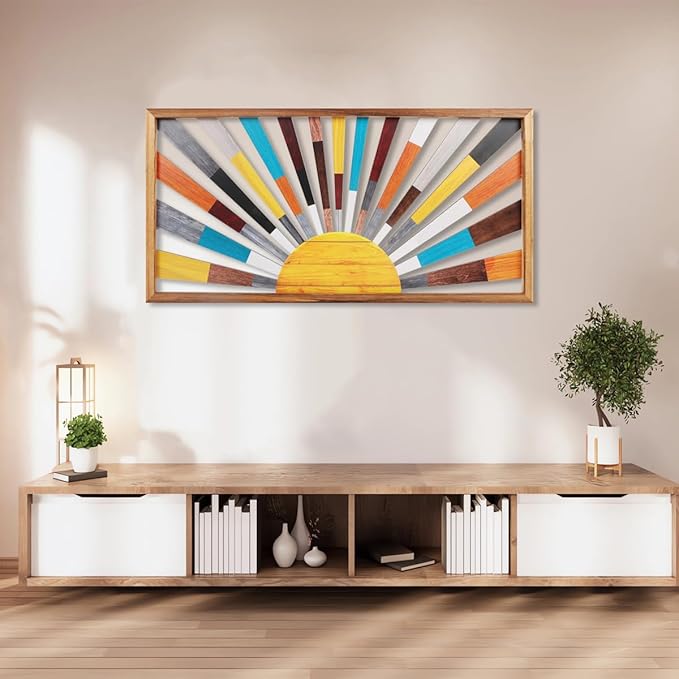 IARTTOP Large Boho Sun Wall Art Framed Wooden Art Wall Decor Rainbow Sun Rising On The Horizon Geometric Line Sunshine Wall Art for Living Room Bedroom Office 16"x32"