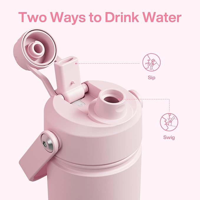 Kids Insualated Water Bottle with Straw - 12oz Stainless Steel Water Bottle with Dual Spouts, Leak-Proof, BPA-Free, Double Wall Vacuum Keeps Cold for 24 Hours for Sports, Travel, School (Cotton Candy)