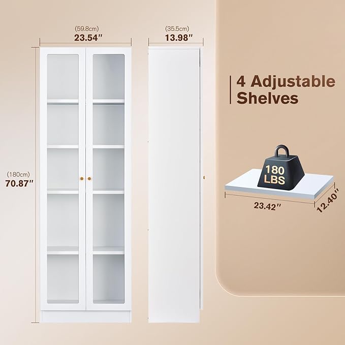 5 Tier Metal Curio Cabinets, Modern Bookshelf Cabinet with 4 Adjustable Shelves, Cabinet Display Case for Home Office, Living Room, Pantry (White-23.54W)