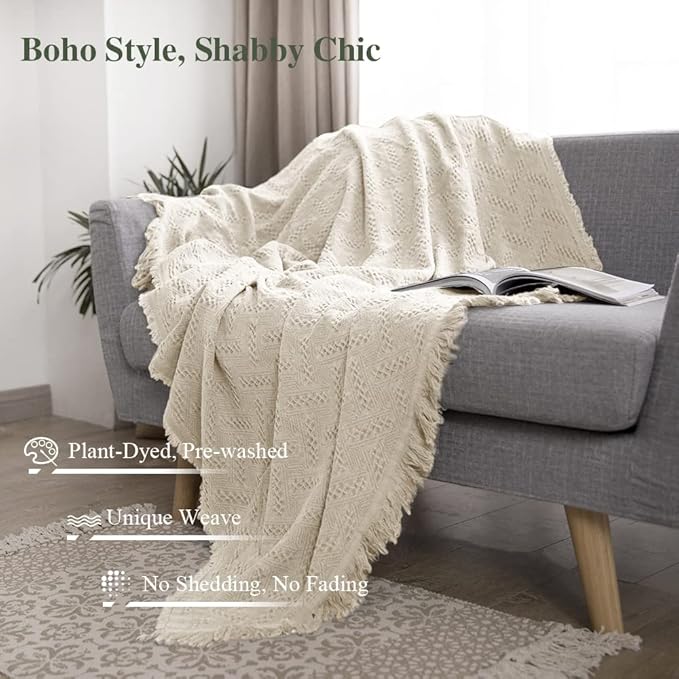 Simple&Opulence 100% Cotton Throw Blanket for Bed, Couch, Boho Luxury Geometric Knit Woven Blanket with Tassels Soft Lightweight Cozy Breathable, Vintage Farmhouse Decoration for All-Season(White)