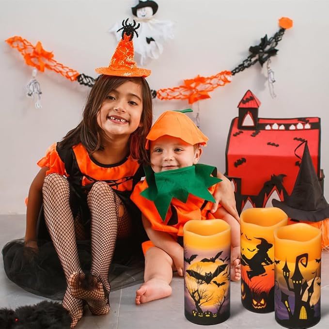 Wondise Halloween Flameless Flickering Candles with 6hrs Timer, Battery Operated Candles with Halloween Decals Real Wax LED Pillar Candles for Halloween Home Table Decor (3 x 6 Inches), Orange