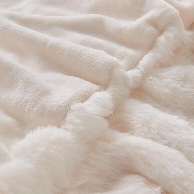 Lotus Karen Faux Fur Throw Blanket Cream White - Big Bubble Rabbit Fluff Blanket for Couch, Small Fluffy Fuzzy Cozy Blanket, Thick Furry Plush Shaggy Blankets, 50x60 Inches