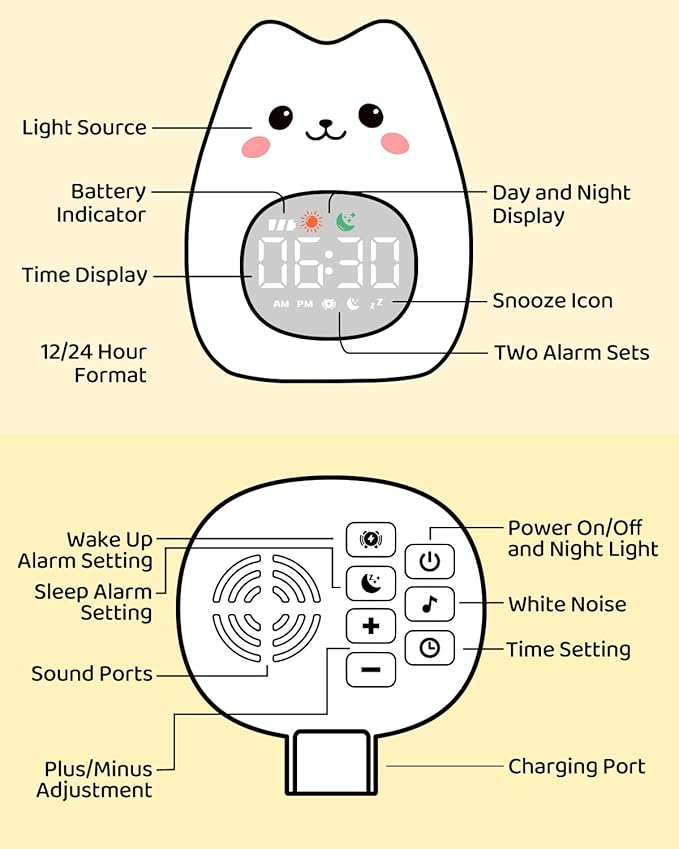 Cat Alarm Clock for Kids with Night Light, Sleep Training Clock Time to Wake Clock, Rechargeable Silicone Light for Bedroom, Perfect Sleep Companion for Boys Girls