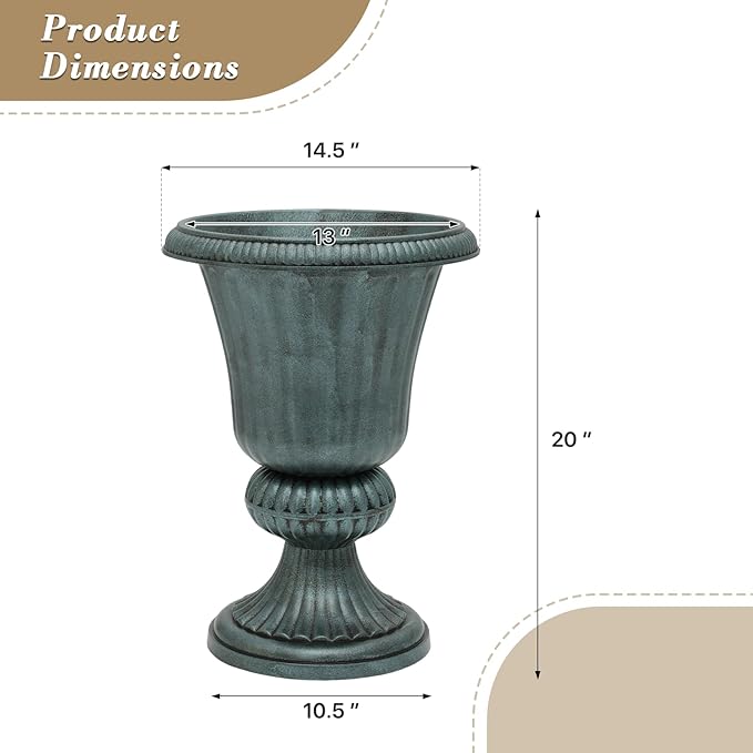Athena Collection 20''H Garden Plastic Urn Vintage Tall Planter Urn Patio Large Flower Pot Porch Planter Large Planter for Indoor Outdoor Plant, Dark Green