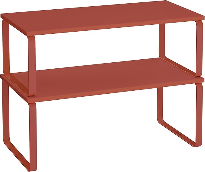 SONGMICS Cabinet Organizer Shelf, Set of 2 Kitchen Counter Shelves, Kitchen Storage, Spice Rack, Stackable, Expandable, Metal and Engineered Wood, Mandarin Red UKCS200Y02